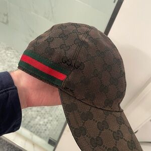 Gucci Black Monogram Cap with Green and Red Stripe